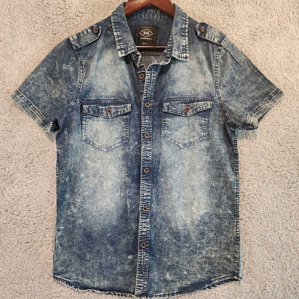 Rok Shirt Mens Size Small Blue Button Up Short Sleeve Y2K Retro Denim